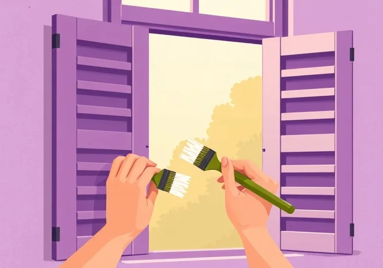 Mise en peinture au pinceau de volets et d'encadrements en bois