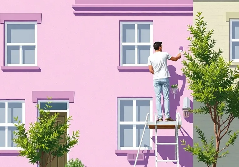 Peintre sur échafaudage traitant la façade d'une maison