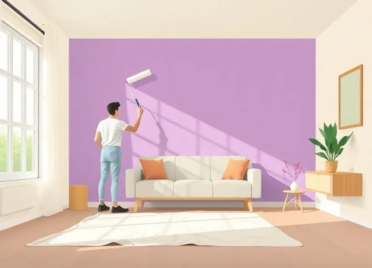 Peintre appliquant la peinture au rouleau sur un mur de salon
